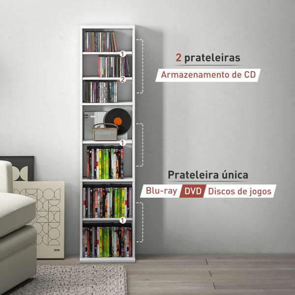 Estante para CDs e DVDs Suportes para CD Estreitos com 9 Compartimentos Prateleiras Ajustáveis 33x24x140 cm Branco