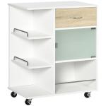 Carrinho de Cozinha com 1 Gaveta Porta de Vidro e Prateleiras Abertas Carrinho Auxiliar com Rodas 65x39x80cm Madeira