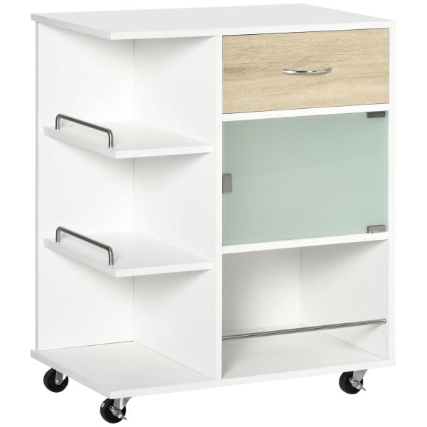 Carrinho de Cozinha com 1 Gaveta Porta de Vidro e Prateleiras Abertas Carrinho Auxiliar com Rodas 65x39x80cm Madeira