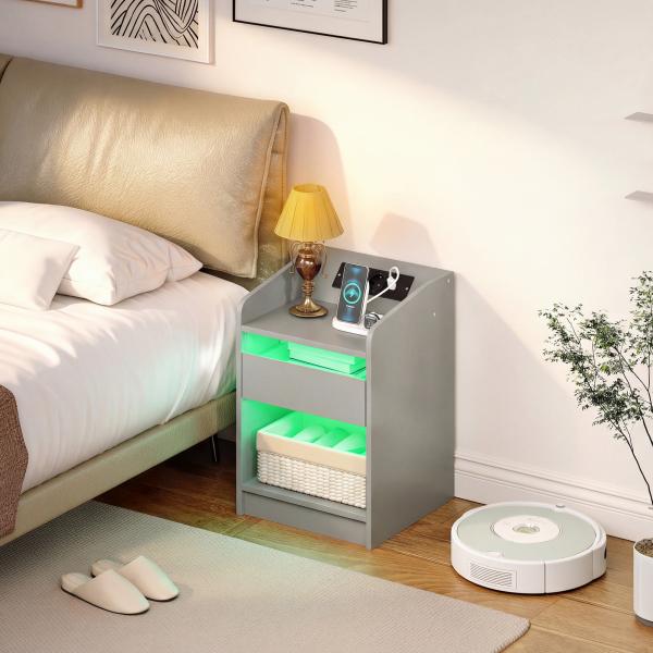 Mesa de Cabeceira com Luzes LED Gaveta Prateleira Estação de Carregamento Entrada USB e Controlo Remoto 40x40x58 cm Cinzento