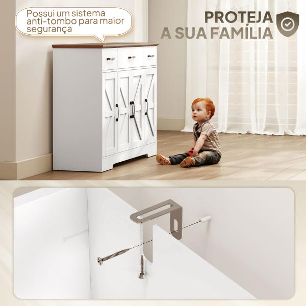 Aparador de Cozinha Rústico 4 Prateleiras de Porta Prateleiras Ajustáveis 3 Gavetas 120x38x87 cm Branco e Nogueira