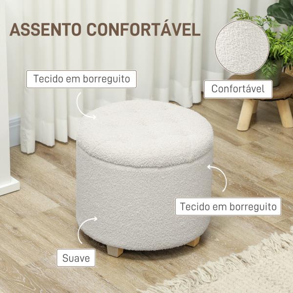 Puff de Armazenamento Banco de Armazenamento Redondo 40,5L 45x45x41 cm Estofado em Borreguito Banco Apoia - Pés Branco