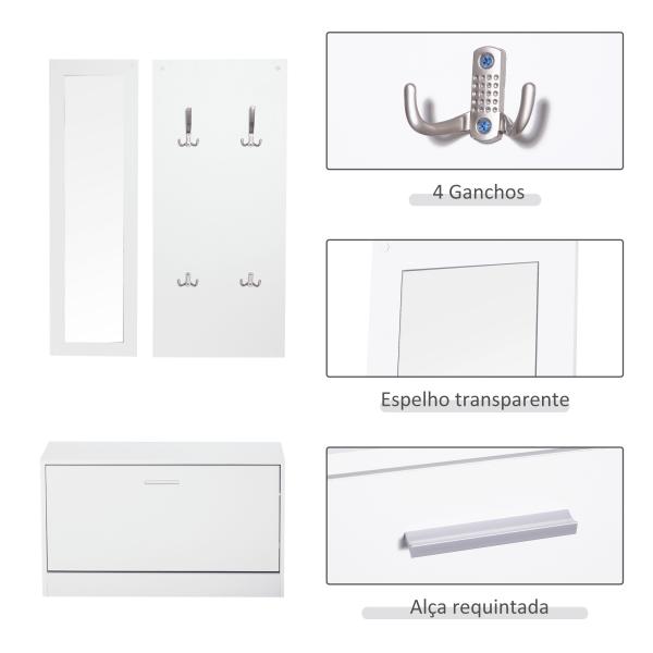 Móvel Cabide de Entrada de 3 Peças Armário de Entrada com Cabide Espelho e Sapateira 80x27x46,5cm Branco