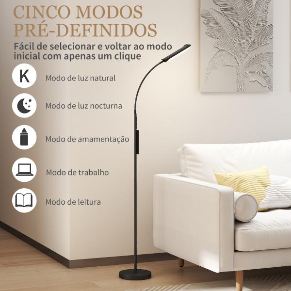 Candeeiro de Pé LED com Controlo Remoto e Tátil 5 Modos de Iluminação Temporizador de 60 Minutos Memória Ø22x175 cm Preto