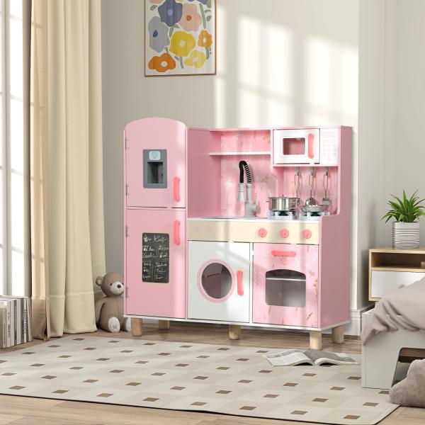 Cozinha de Madeira para Crianças com Sons Fogão Forno Micro - Ondas Máquina de Gelo e Acessórios 90x33,3x91,6 cm Rosa