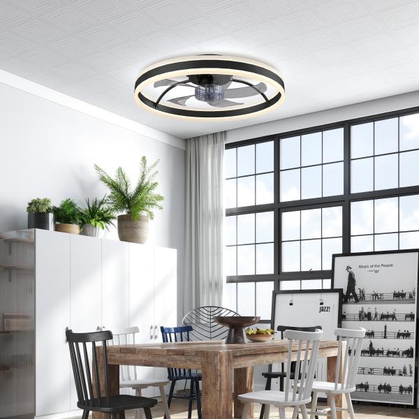 Ventoinha de Teto com Luz LED 6 Velocidades Motor Reversível e Comando Remoto Potência 45W Ø50x13,5 cm Preto