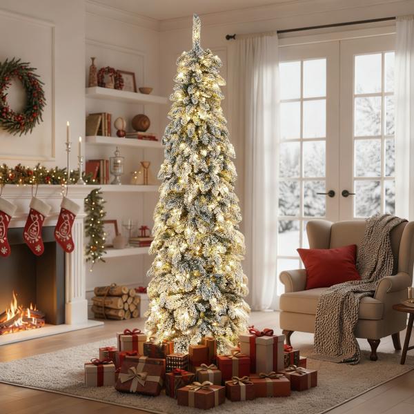 Árvore de Natal Estreita 225 cm Árvore de Natal Nevada com Luzes LED Temporizador 11 Modos de Iluminação Verde
