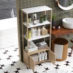 Estante para Casa de Banho de Bambu com 3 Prateleiras Abertas Estante de Arrumação Casa de Banho com Portas Ripadas 63x30x138 cm Madeira e Branco