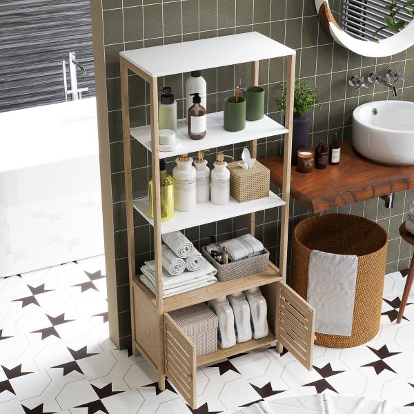 Estante para Casa de Banho de Bambu com 3 Prateleiras Abertas Estante de Arrumação Casa de Banho com Portas Ripadas 63x30x138 cm Madeira e Branco