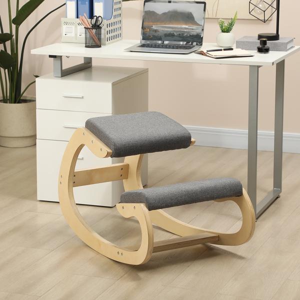 Cadeira Ergonómica de Joelhos com Almofadas Acolchoadas Estrutura de Madeira para Melhor Postura Escritório 55x85x55 cm Cinzento