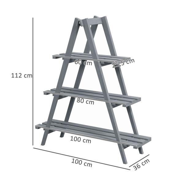 Suporte de Madeira para Plantas Dobrável de 3 Níveis com Estrutura em Forma de A para Jardim Pátio 100x36x112 cm Cinza