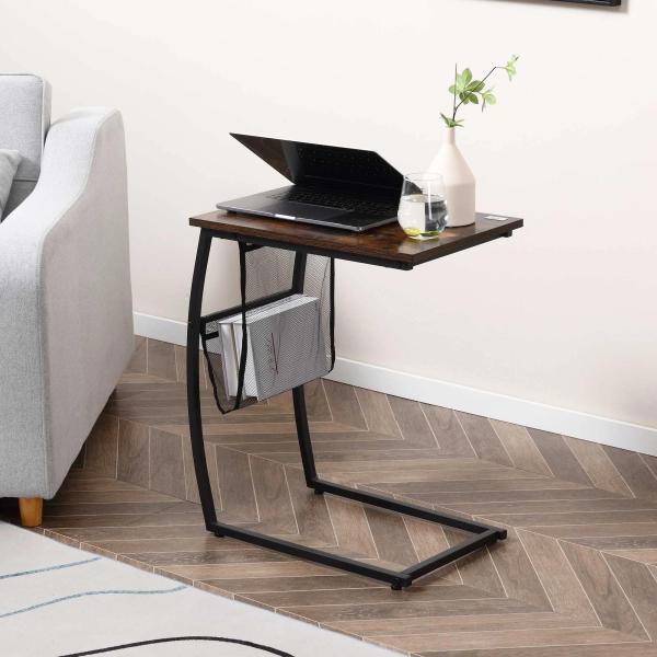 Mesa Auxiliar para Sofá e Cama em Forma de C com Bolso de Armazenamento Mesa Lateral de Estilo Industrial 52x35x64,5cm Marrom Rústico