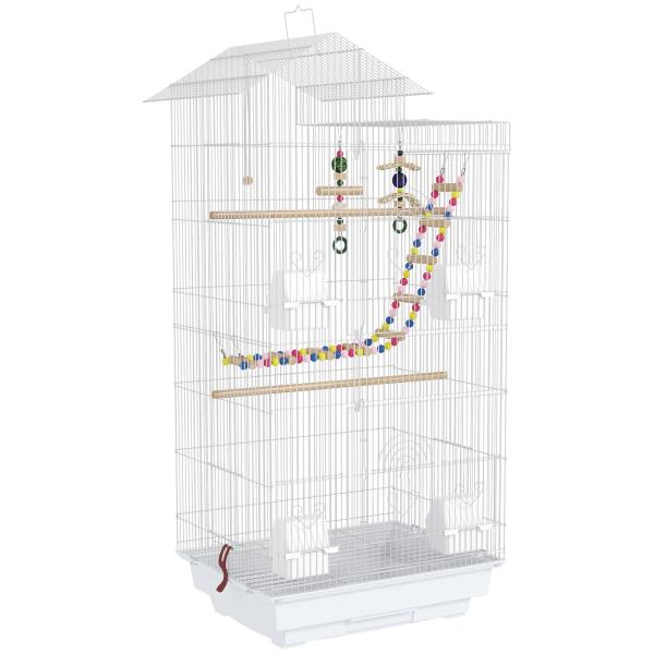 Gaiola para Passáros de Metal com Portas 4 Comedouros 3 Poleiros Baloiço Escadas e Bandeja Removível 46x36x100 cm Branco