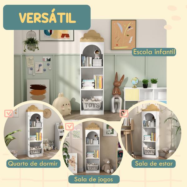Estante para Livros Infantil de 3 Niveis Estante de Livros para Escola Infantil Dormitório 40x30x139,5 cm Branco e Madeira