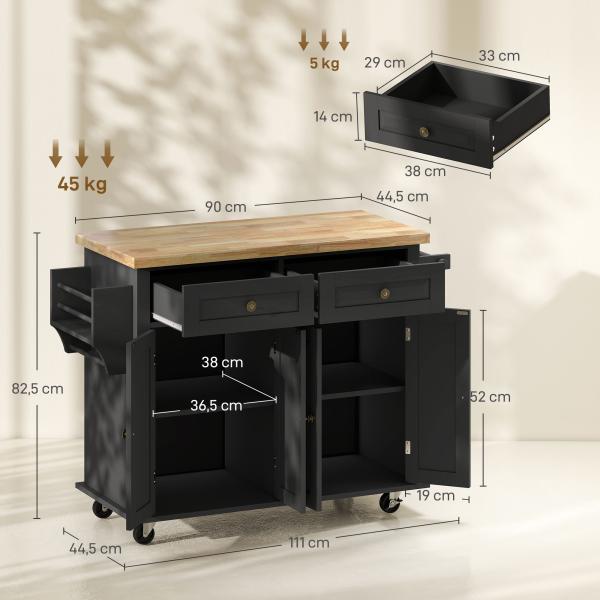 Ilha de Cozinha com Rodas 2 Gavetas 4 Portas Suporte para Temperos e Barra Lateral 111x44,5x82,5 cm Preto e Madeira