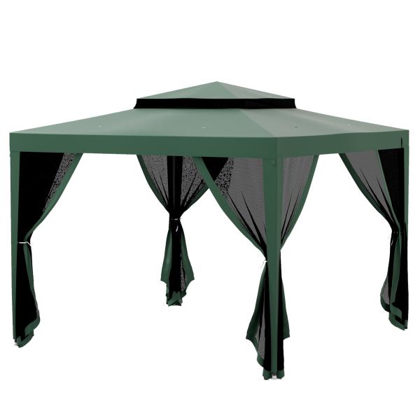 Pérgola de Jardim com 4 Mosquiteiras Teto Duplo 8 Orifícios de Drenagem e Estrutura de Metal 297x297x268 cm Verde