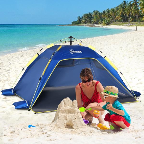 Tenda de Praia Dobrável Tenda de Campismo Pop - up para 1 - 2 Pessoas com Bolsa de Transporte 220x173x120 cm Azul Escuro