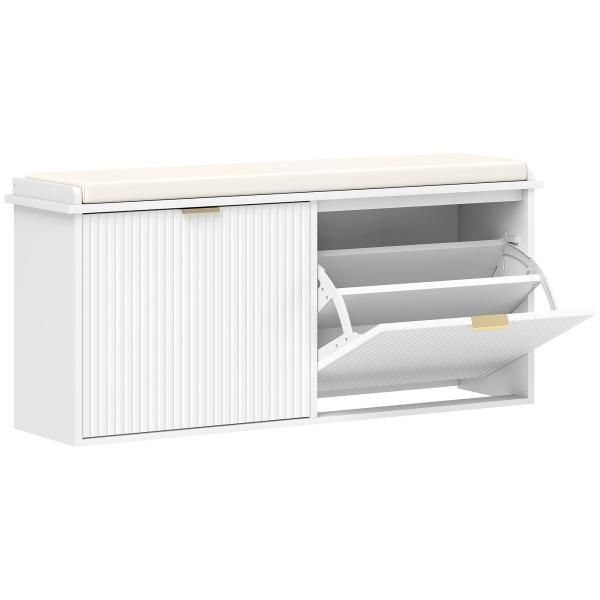 Banco Sapateira Móvel Sapateira Estreito com Assento Estofado 2 Caixas Rebatível e Painel de Ripas 104x26x47,5 cm Branco
