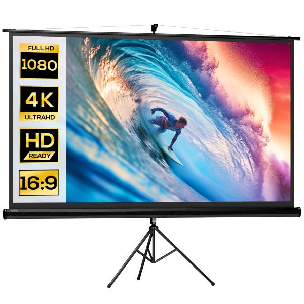 Tela de Projeção Manual com Suporte 100 Polegadas Portátil Formato 16:9 com Altura Ajustável 235,8x8x136 cm Branco e Preto