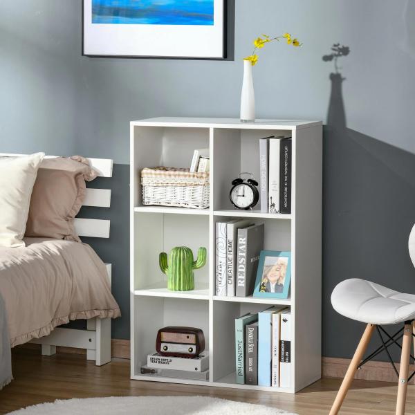 Estante para Livros Estante de Madeira de 3 Níveis com 6 Compartimentos de Armazenamento 65,5x30x97,5 cm Branco