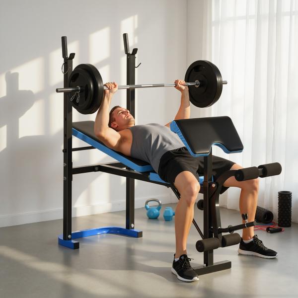 Banco de Musculação Multifuncional com Suporte para Barras e Encosto Ajustável 155x56,5x120 cm Preto e Azul