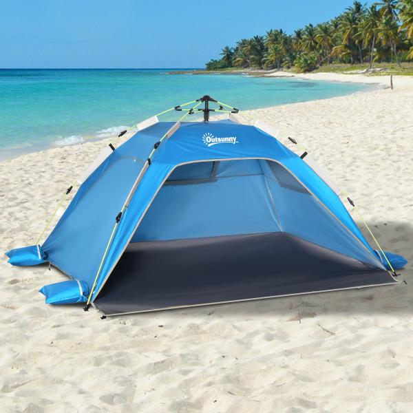 Tenda de Praia Dobrável Tenda de Praia Pop - up 1 - 2 Pessoas com 2 Portas 2 Janelas e Bolsa de Transporte 220x173x120 cm Azul