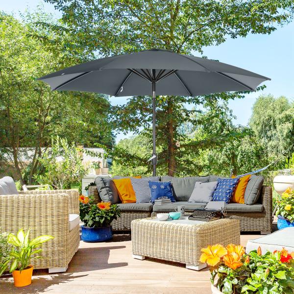 Chapéu de Sol a Manivela com Teto Inclinável e 8 Hastes de Metal para Pátio Varanda Exterior Ø300x240 cm Cinza