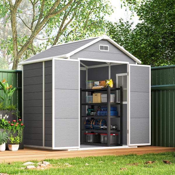 Abrigo de Jardim em Resina 182x151x219 cm com Piso Janela Ventilação Portas Duplas Cinzento