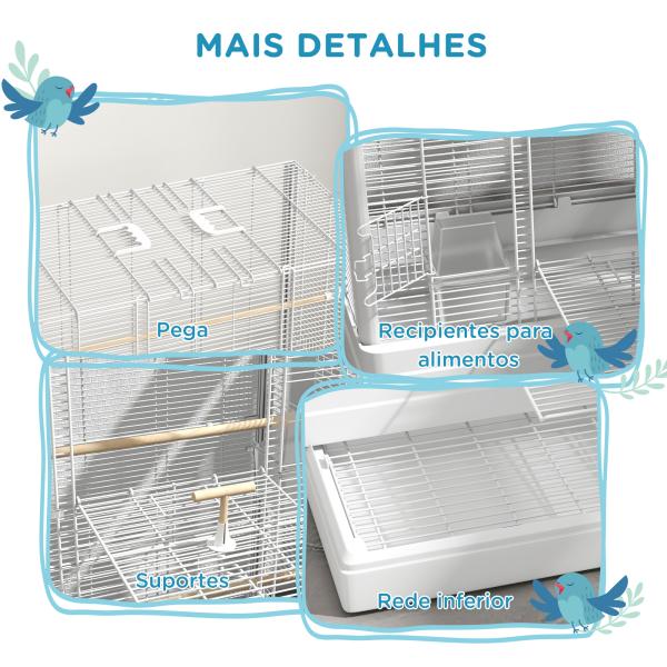 Gaiola para Pássaros 61x36,5x98 cm com Portas Poleiros Bandeja Removível e Alças para Canários Periquitos Branco