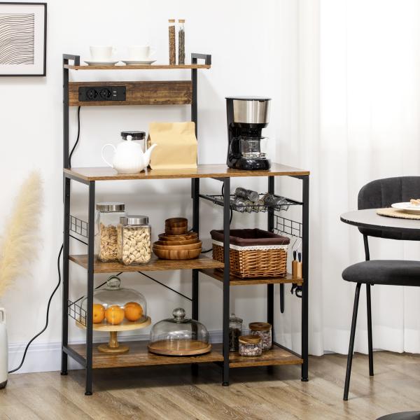 Estante de Cozinha com Ficha 2 Carregadores Prateleira Ajustável USB 5 Gancho em S e Cesta Amovível 90x42x130 cm Marrom Rústico
