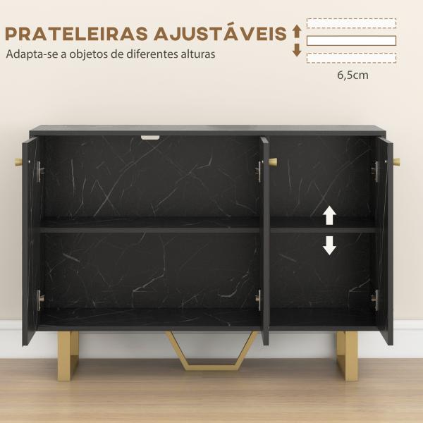 Aparador de Sala de Estar com 2 Armários e Prateleira Interior Ajustável com Efeito Mármore 107x35x75 cm Preto e Dourado