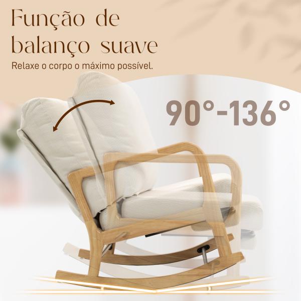Poltrona Baloiço com Encosto Ajustável de Veludo Cotelê Nórdica Pés de Madeira Braços Almofada Lombar 70x89x97,5 cm Creme