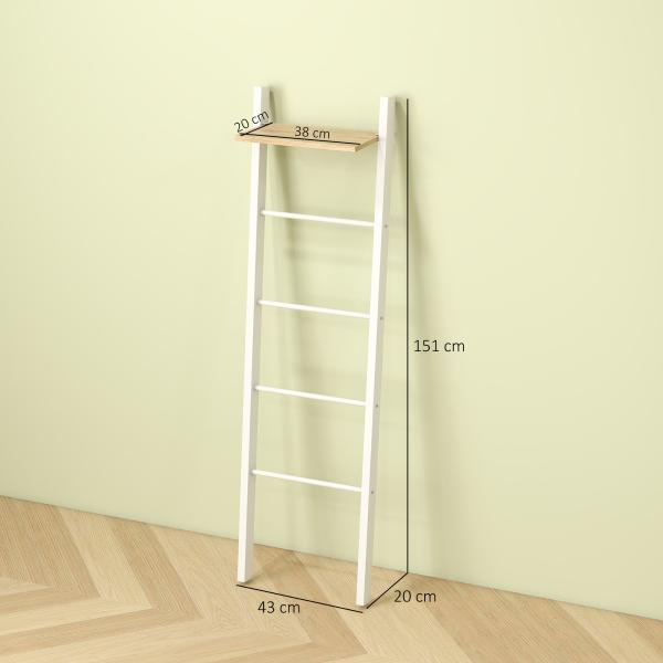 Toalheiro de Escada com Prateleira Superior e 4 Barras Suporte de Toalhas para Encostar na Parede 43x20x151 cm Branco e Carvalho
