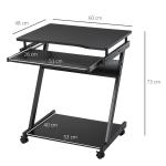 Secretária para Computador com Rodas 60x48 cm com Prateleira Deslizante para Teclado e Prateleira Inferior Estrutura Metálica Preto