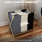 Cesto para Roupa Suja Dobrável com 3 Compartimentos Capacidade 129L com Estrutura de Bambu e Sacos Removíveis Multicolor