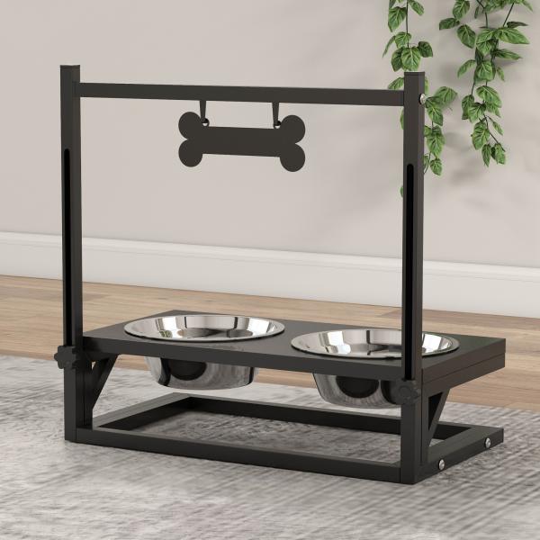 Comedouro Elevado para Cães com 2 Tigelas Altura Ajustável e 1 Peça de Metal com Formato de Osso 40,5x22x39 cm Preto