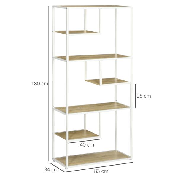 Estante de Armazenamento para Livros com Estrutura de Aço para Escritório Sala de Estar Estúdio 83x34x180cm Carvalho e Branco
