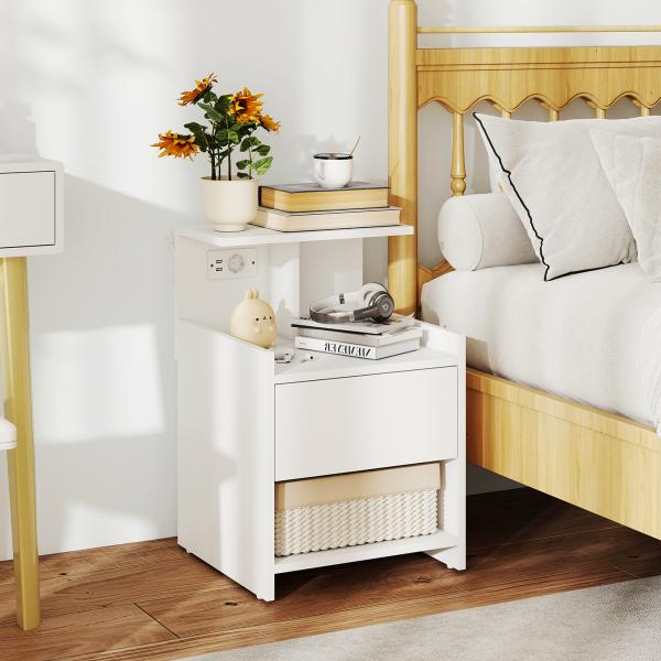 Mesa de Cabeceira com Estação de Carregamento Portos USB Gaveta e Prateleiras Abertas 40x40x60 cm Branco