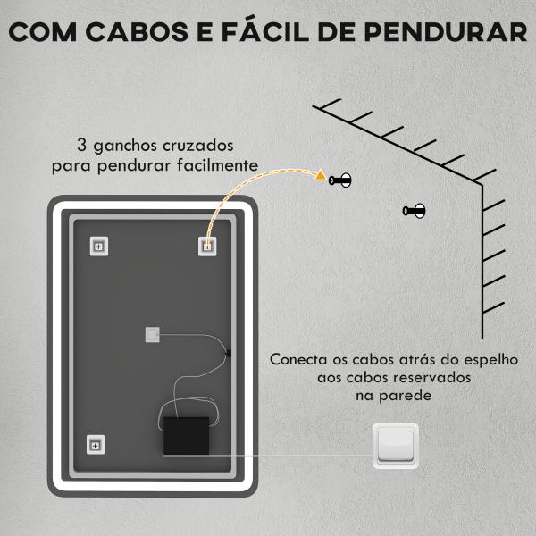Espelho Casa de Banho com Luzes LED 70x100 cm Função Antiembaciamento 3 Temperaturas de Cor Ajustável e Função de Memória Prata