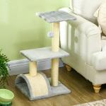 Arranhador para Gatos Médio de 3 Níveis com Postes de Sisal Placa para Arranhar e Bola Suspensa 40x35x72 cm Cinza