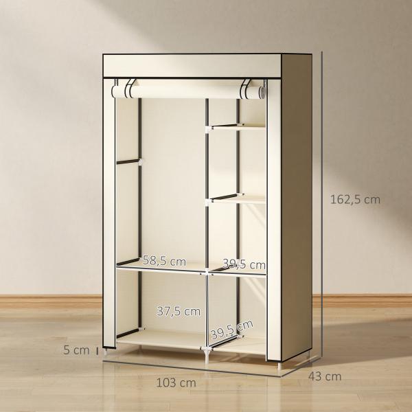 Roupeiro de Tecido Dobrável com 6 Prateleiras e 1 Barra de Pendurar para Dormitório Vestidor 103x43x162,5cm Creme