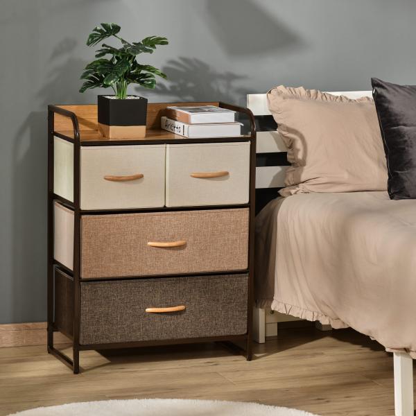 Cómoda de Tecido com 4 Cestos Removíveis e Dobráveis Base Elevada Móvel de Armazenamento 58x29x78,5 cm Multicor
