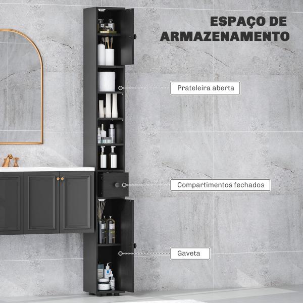 Coluna Casa de Banho Estreita com 1 Gaveta 4 Prateleiras Abertas e Prateleiras Ajustáveis 20x20x180 cm Preto