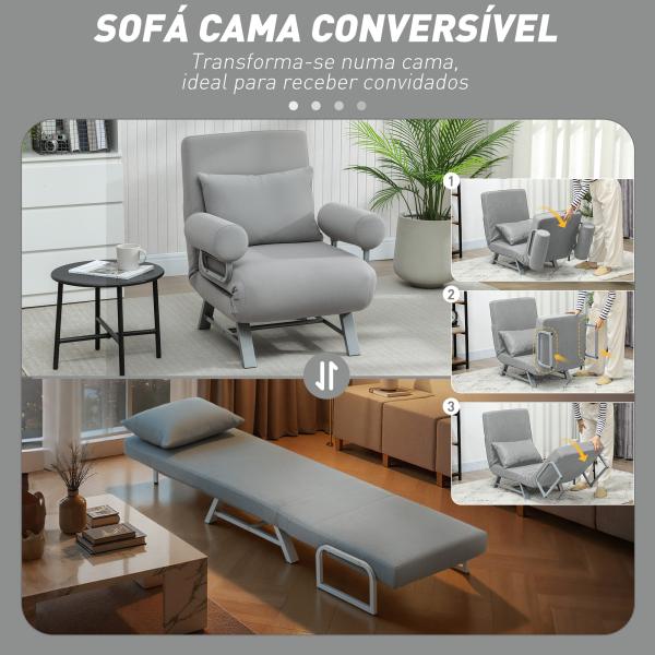 Sofá Cama Dobrável Estofado em Linho Sintético com Encosto Ajustável em 5 Níveis e Almofada Acolchoada 73x78x81 cm Cinzento Claro