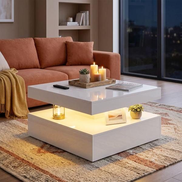 Mesa de Centro com LED RGB de 7 Cores com Armazenamento Aberto e Controlo Remoto 78x78x40 cm Branco