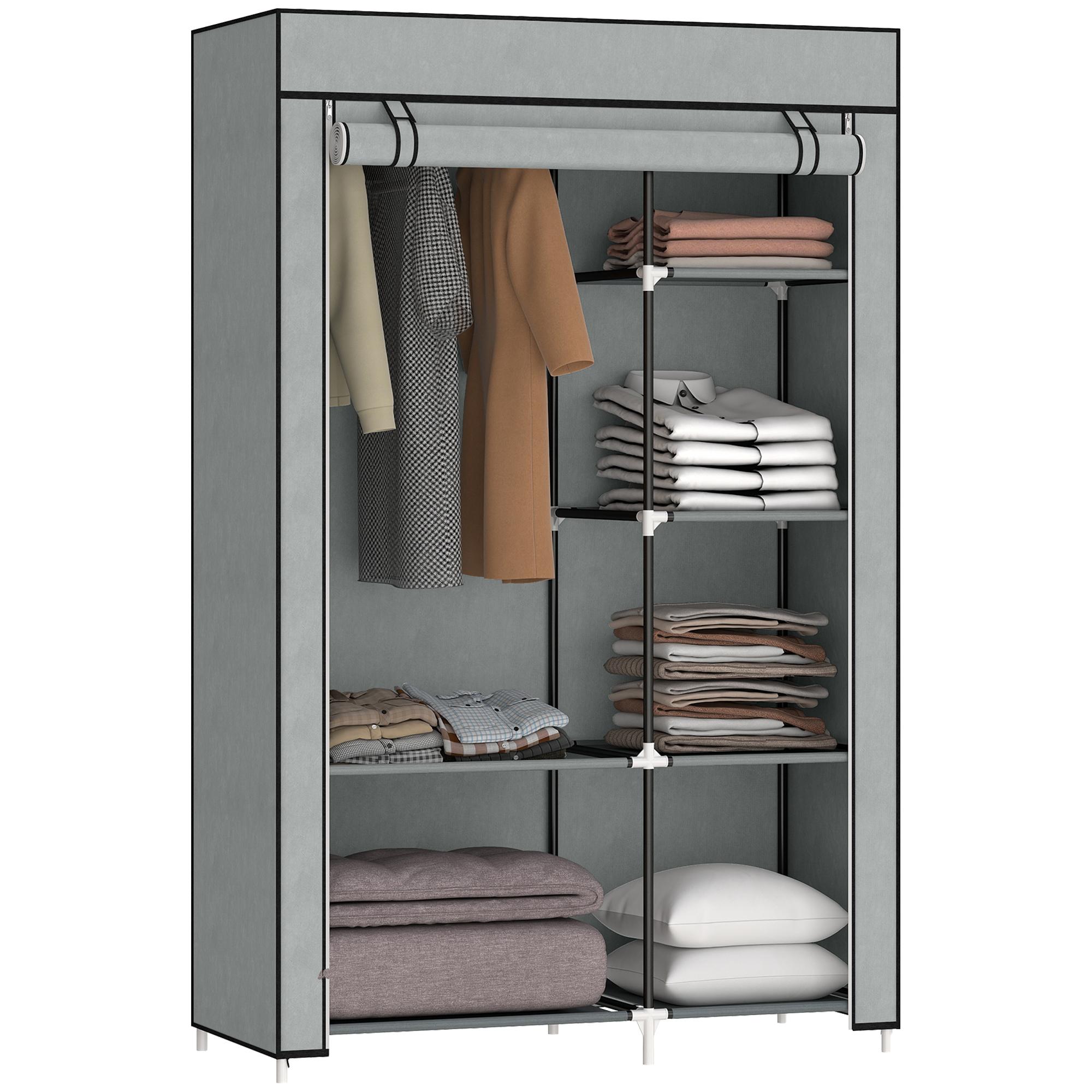 Roupeiro de Tecido Dobrável com 6 Prateleiras e 1 Barra de Pendurar para Dormitório Vestidor 103x43x162,5cm Cinza