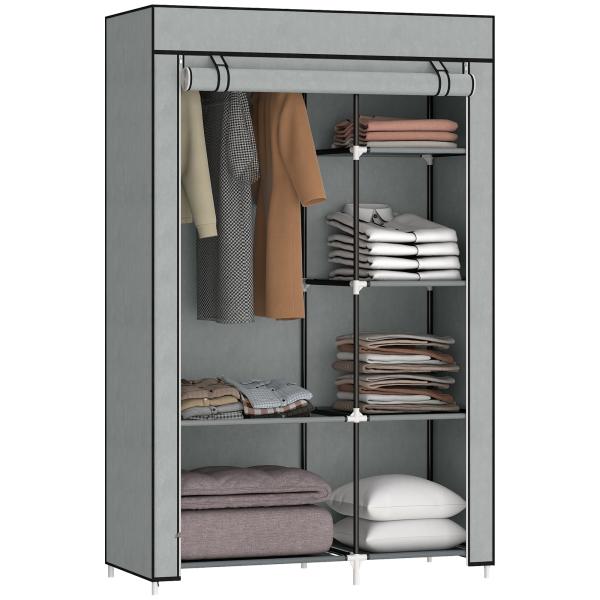 Roupeiro de Tecido Dobrável com 6 Prateleiras e 1 Barra de Pendurar para Dormitório Vestidor 103x43x162,5cm Cinza