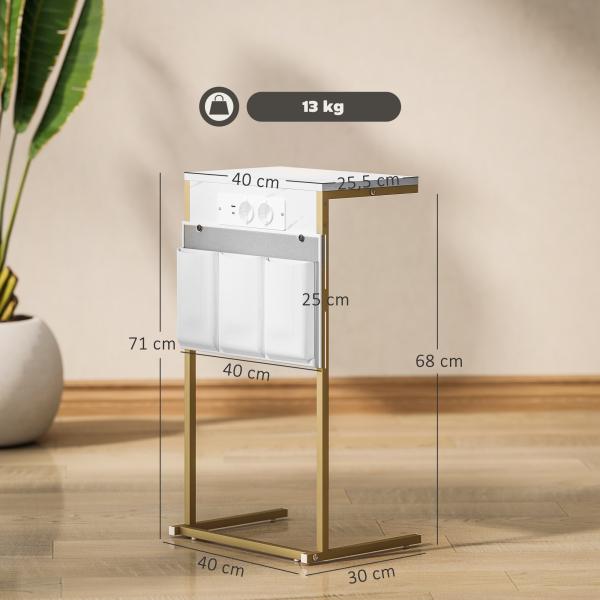 Mesa Auxiliar com Estação de Carga Mesa Lateral com 2 Entradas USB 1 Entrada USB - C e Bolsa Organizadora 25,5x40x71 cm Branco