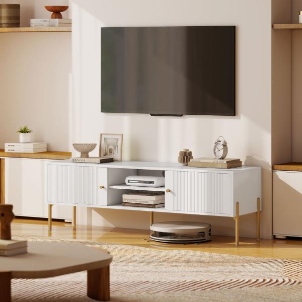 Móvel de TV Moderno com 2 Prateleiras Abertas Ajustáveis para Televisão 65 Polegadas 140x38x45,9 cm Branco