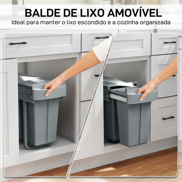 Balde do Lixo Sob Lavatório Balde do Lixo de Cozinha com 2 Contentores de Reciclagem Extraíveis 20L+10L 52x26x40,8 cm Cinzento